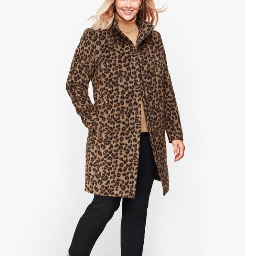 Talbots Plus Wool Leopard Print Coat Zip Front Mid Length Animal Print Chic 16W